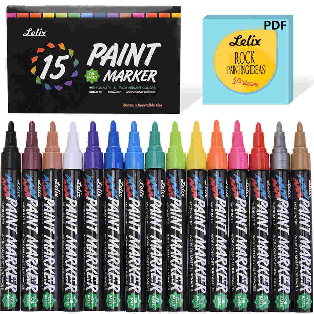 Paint Pens, Lelix 15 Pack Oil Based Permanent Paint Markers for Rock Painting, Wood, Metal, Ceramic, Glass and Almost All Surfaces, Medium Tip with Quick Dry, Water Resistant Ink 