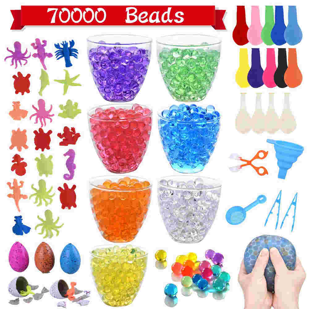  70,000+ Water Beads, 7 Colors Jelly Sensory Growing Beads with 20 Ocean Sea Animals, 5 Dinosaur Eggs, 14 Balloons, 1 Funnel, 1 Scoops 2 Tweezers and 1 Spoon for Kids Sensory 