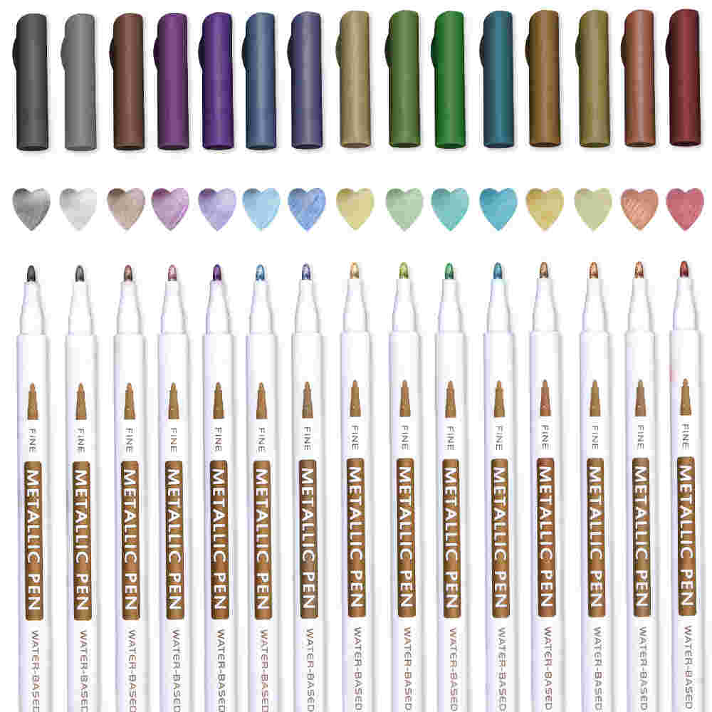  Metallic Markers, Lelix 15 Colors Fine Tip Paint Marker Pens for DIY Photo Album, Black Paper, Card Making, Rock Art Painting, Scrapbooking, Glass, Metal, Wood 